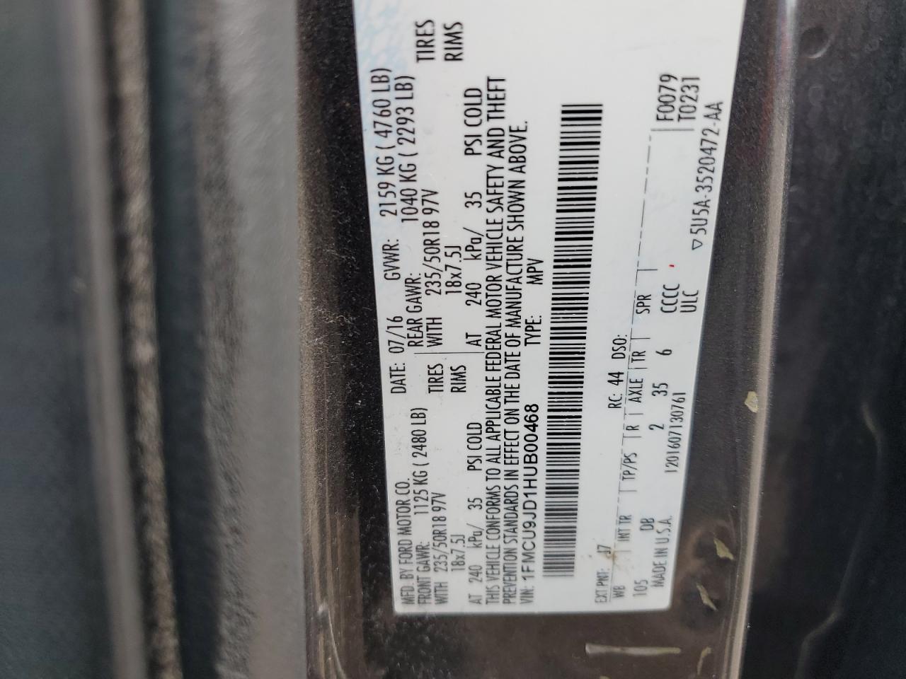 2017 Ford Escape Titanium VIN: 1FMCU9JD1HUB00468 Lot: 62101474