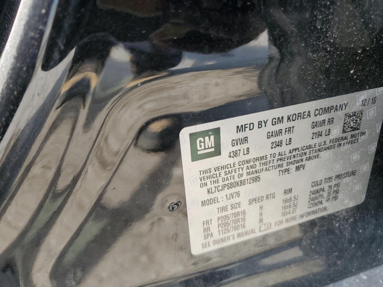 2019 Chevrolet Trax 1Lt VIN: KL7CJPSB0KB812985 Lot: 62504124