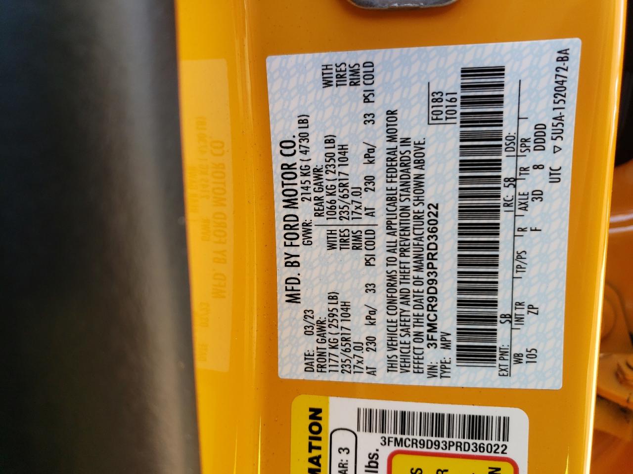 2023 Ford Bronco Sport Badlands VIN: 3FMCR9D93PRD36022 Lot: 64461664