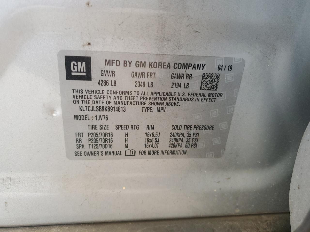 2019 Chevrolet Trax 1Lt VIN: KL7CJLSB9KB914813 Lot: 62889054