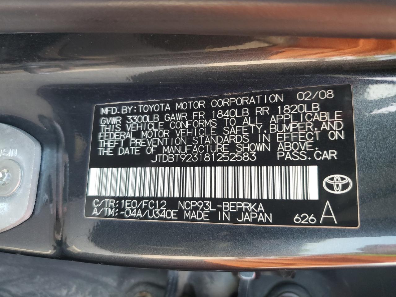 JTDBT923181252583 2008 Toyota Yaris