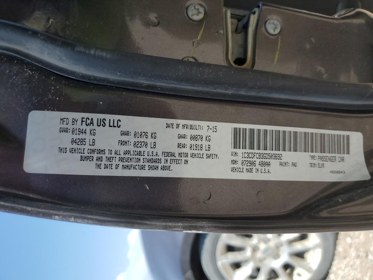 2016 Dodge Dart Limited VIN: 1C3CDFCB3GD503692 Lot: 65319284