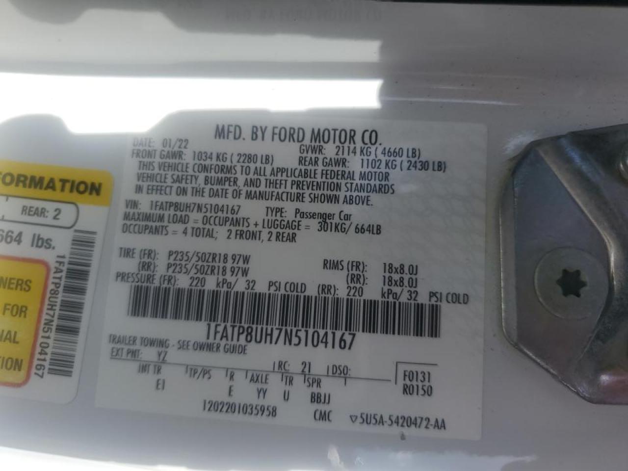 2022 Ford Mustang VIN: 1FATP8UH7N5104167 Lot: 64413064