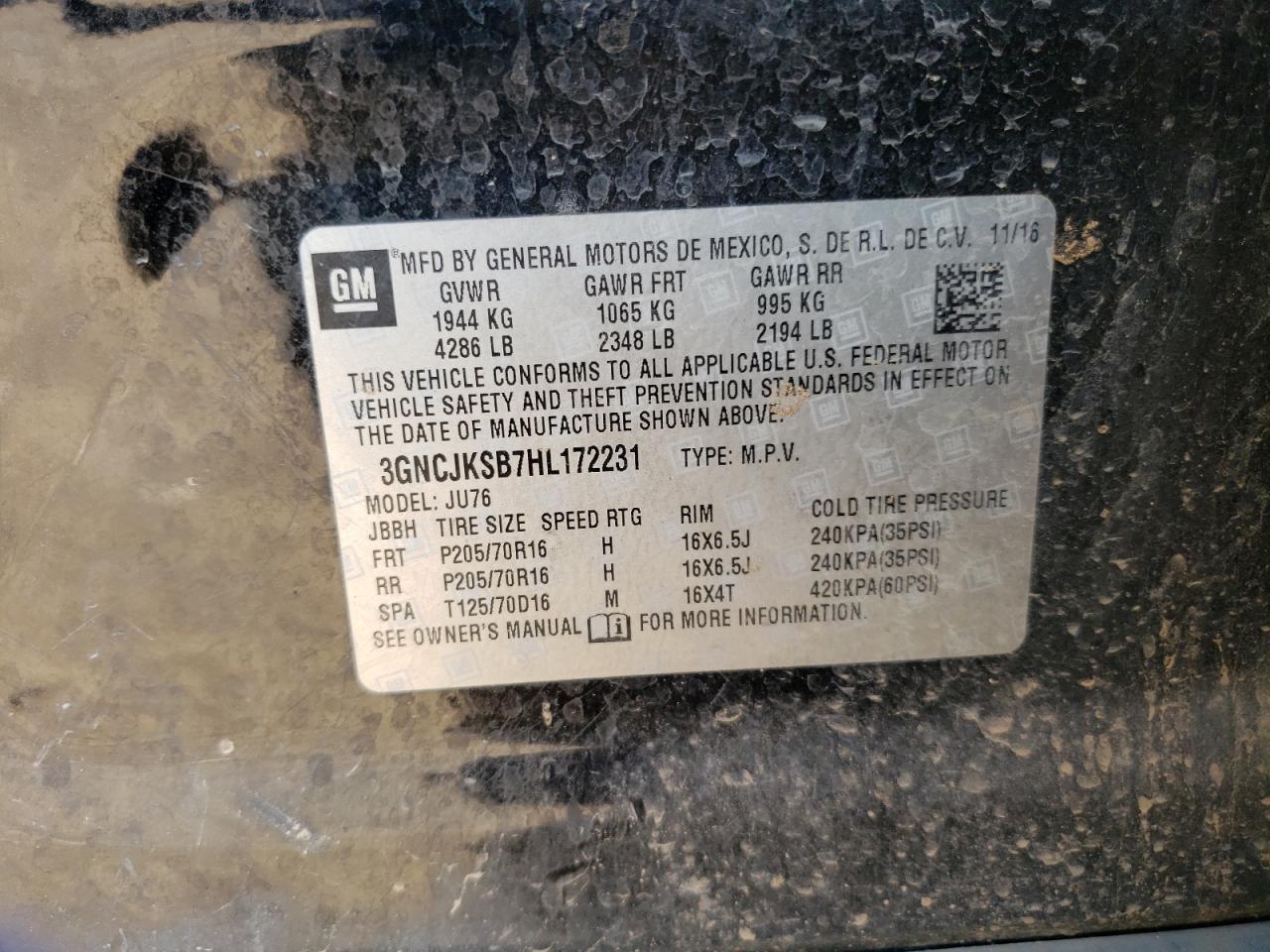 2017 Chevrolet Trax Ls VIN: 3GNCJKSB7HL172231 Lot: 64098824