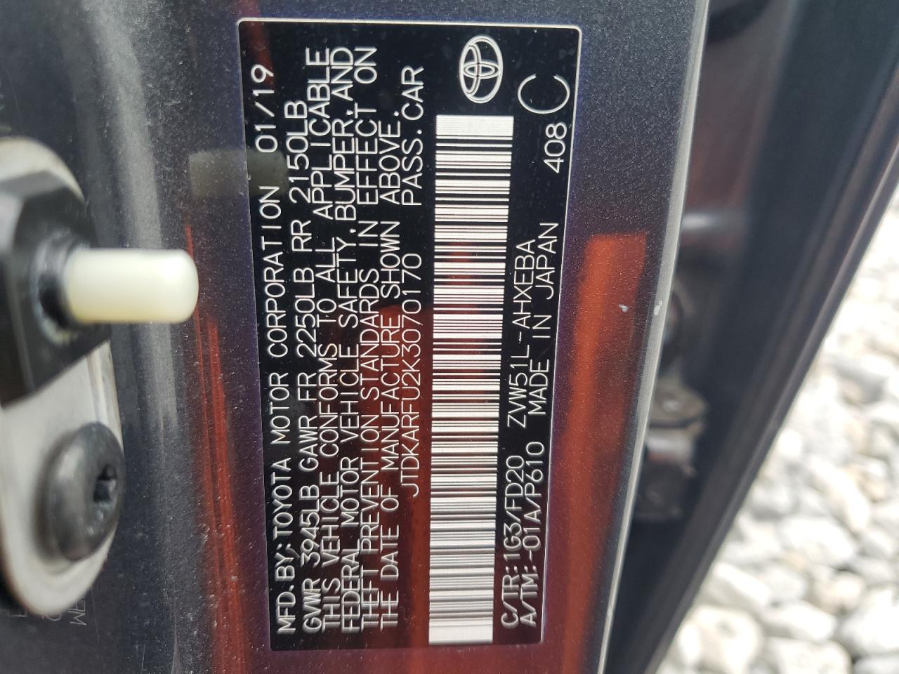 2019 Toyota Prius VIN: JTDKARFU2K3070170 Lot: 65044914