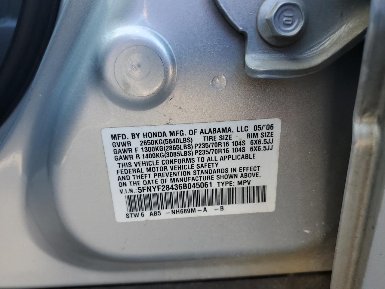 2006 Honda Pilot Ex VIN: 5FNYF28436B045061 Lot: 64660914