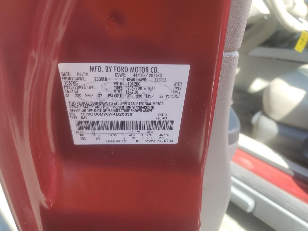 2010 Ford Escape Xlt VIN: 1FMCU0D76AKD20336 Lot: 64690724