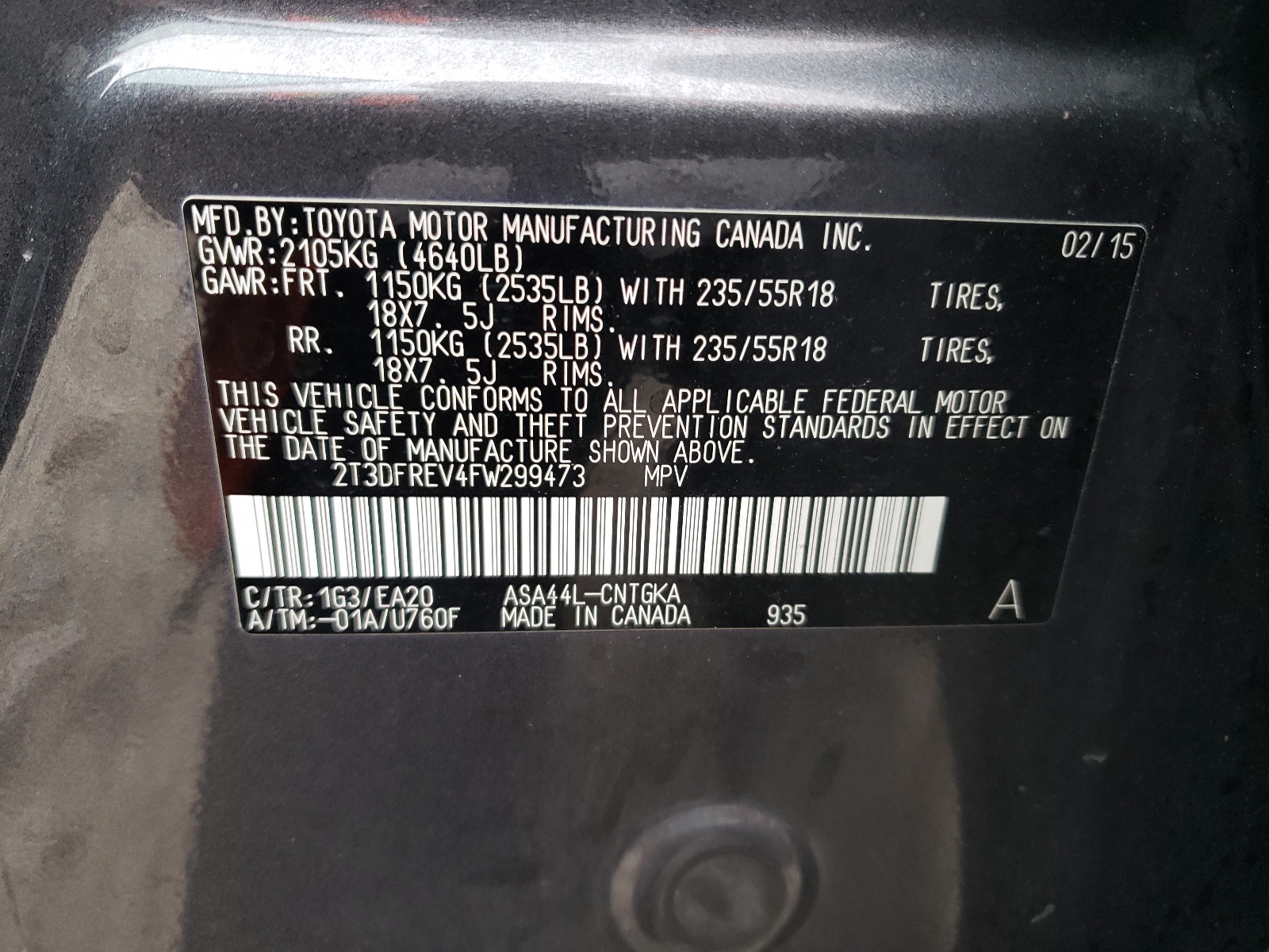 2T3DFREV4FW299473 2015 Toyota Rav4 Limited