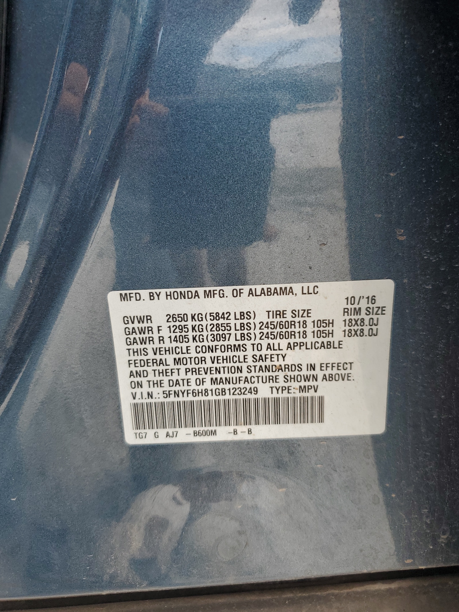 5FNYF6H81GB123249 2016 Honda Pilot Exl