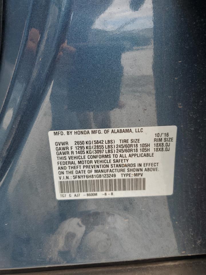 2016 Honda Pilot Exl VIN: 5FNYF6H81GB123249 Lot: 64986934