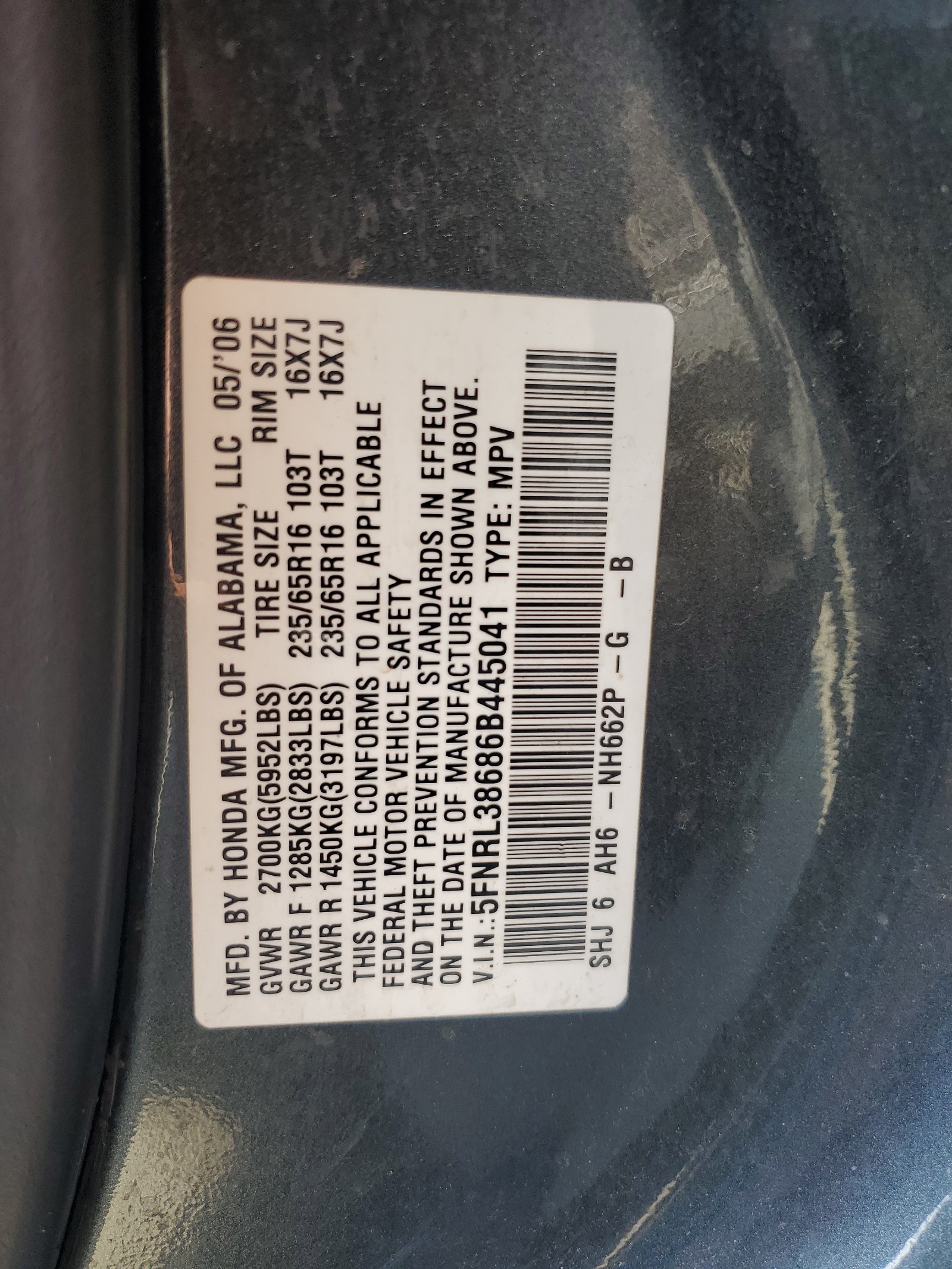5FNRL38686B445041 2006 Honda Odyssey Exl