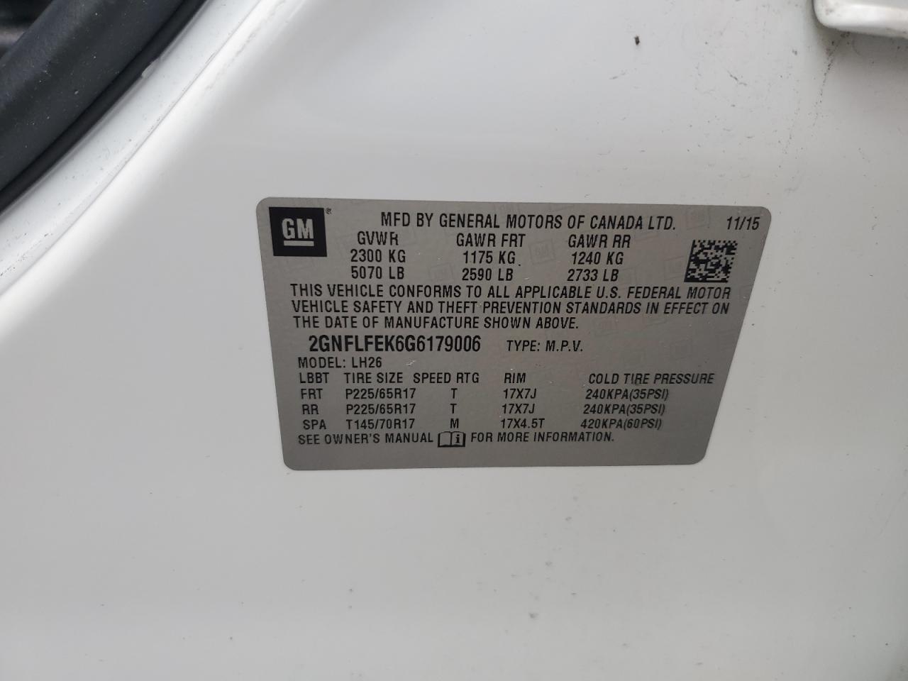 2GNFLFEK6G6179006 2016 Chevrolet Equinox Lt