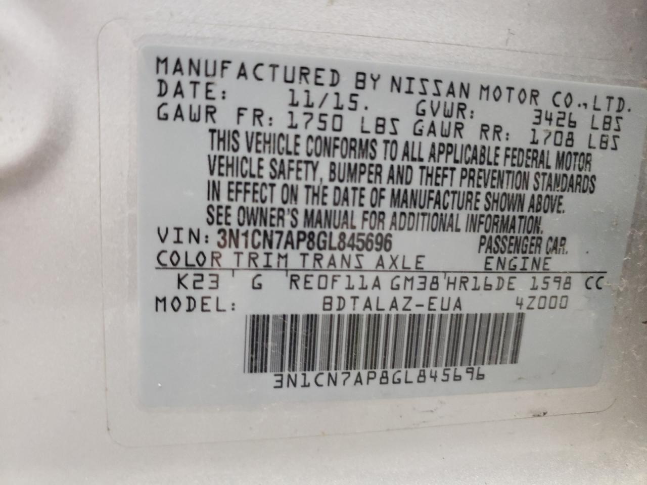 2016 Nissan Versa S VIN: 3N1CN7AP8GL845696 Lot: 63077624