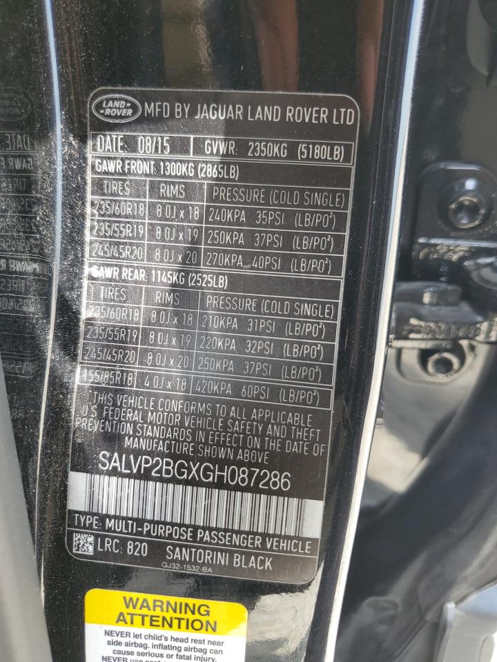 2016 Land Rover Range Rover Evoque Se VIN: SALVP2BGXGH087286 Lot: 63684894