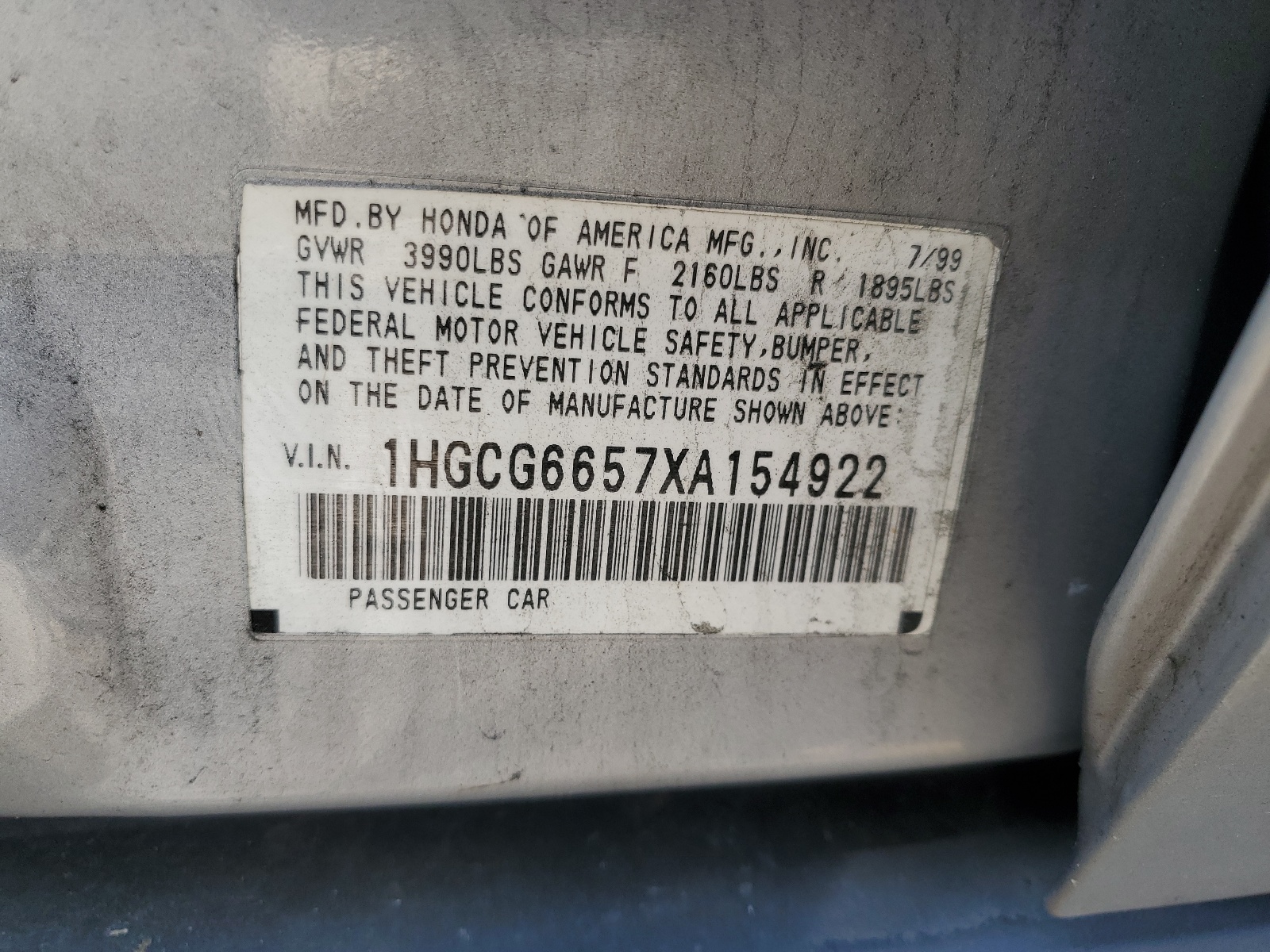 1HGCG6657XA154922 1999 Honda Accord Lx