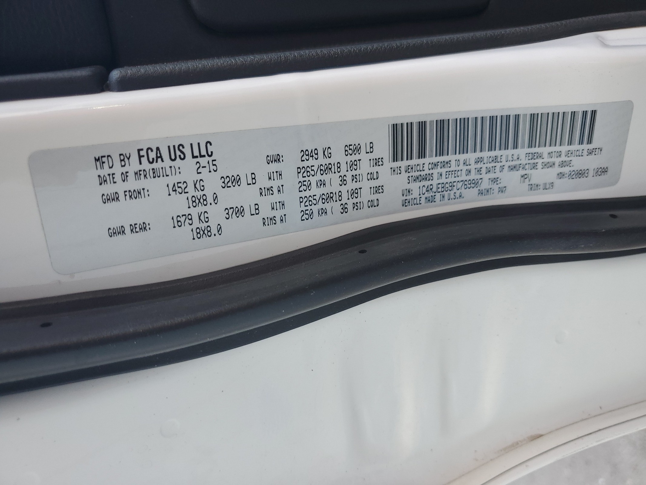 1C4RJEBG9FC769907 2015 Jeep Grand Cherokee Limited