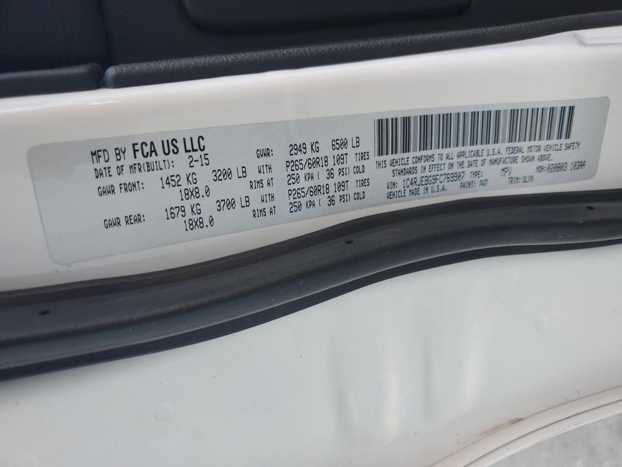 2015 Jeep Grand Cherokee Limited VIN: 1C4RJEBG9FC769907 Lot: 63884064