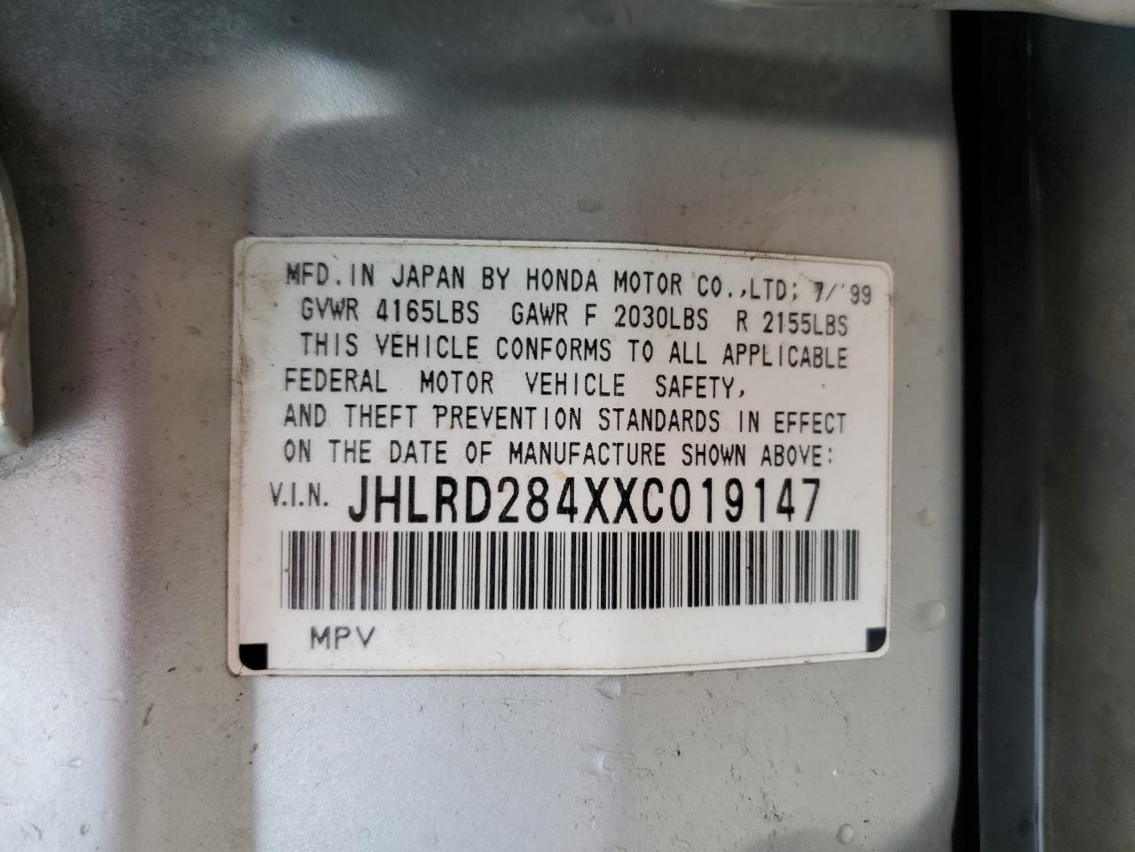 1999 Honda Cr-V Lx VIN: JHLRD284XXC019147 Lot: 63619584