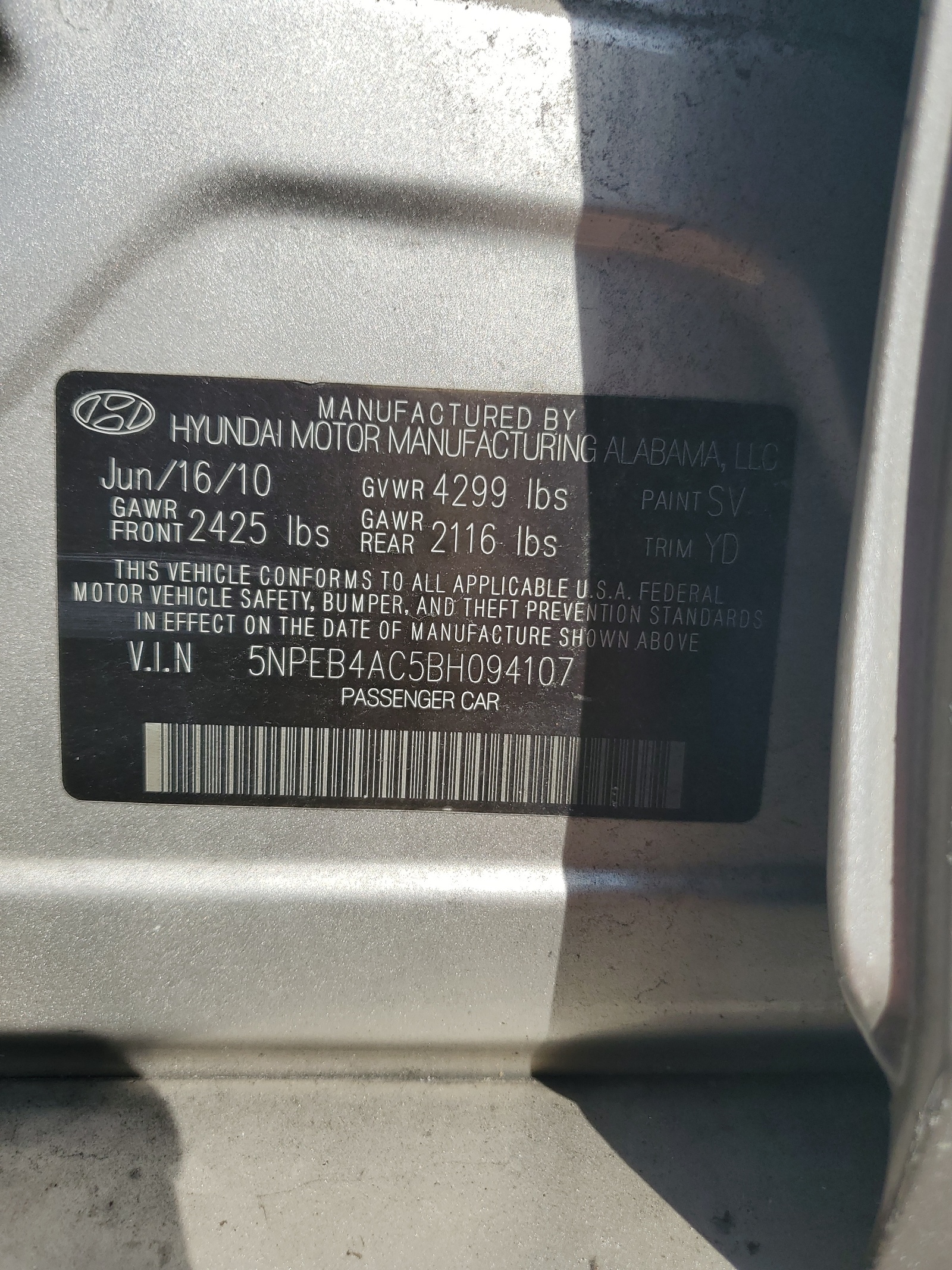 5NPEB4AC5BH094107 2011 Hyundai Sonata Gls