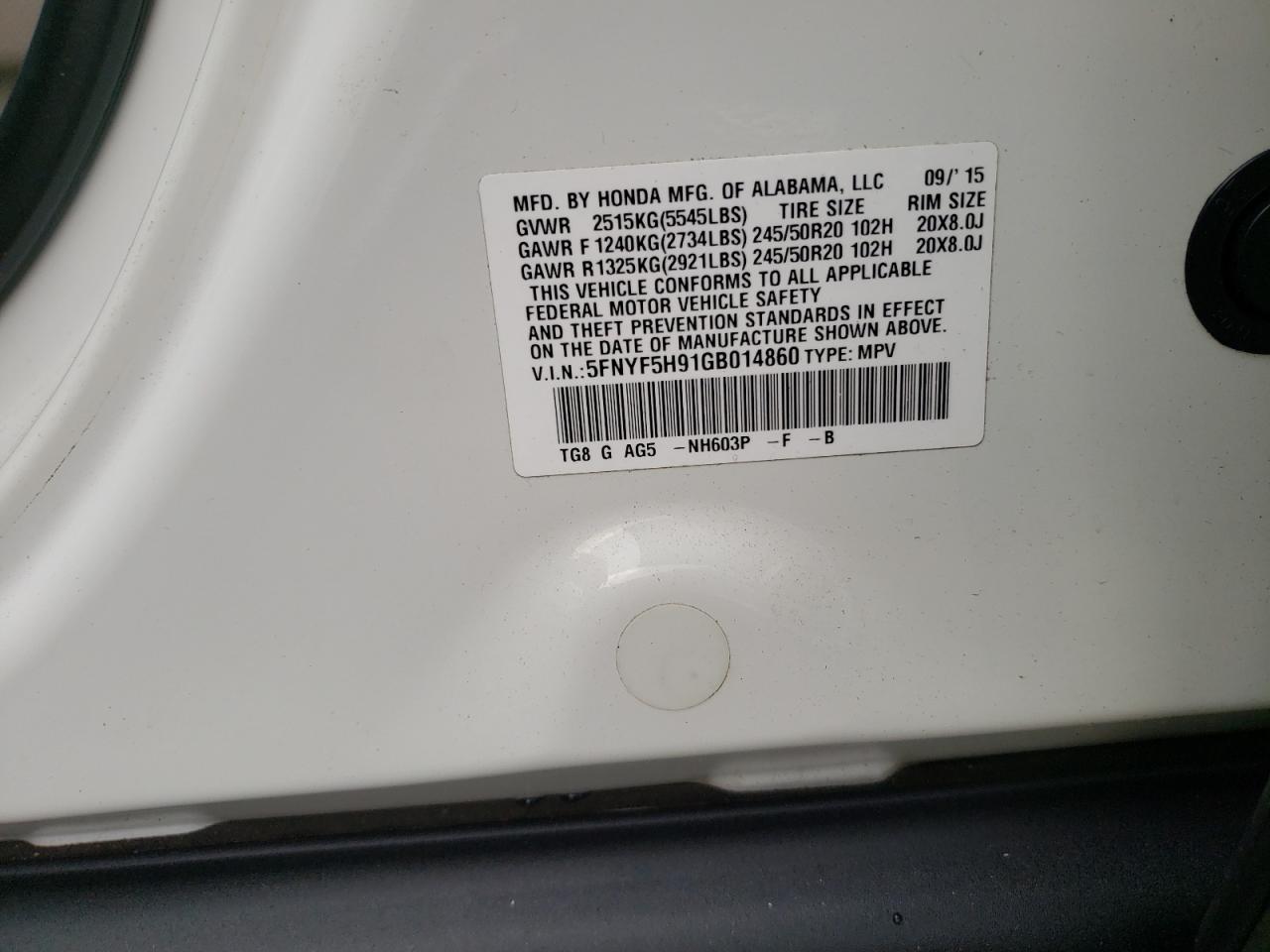 2016 Honda Pilot Touring VIN: 5FNYF5H91GB014860 Lot: 63759654