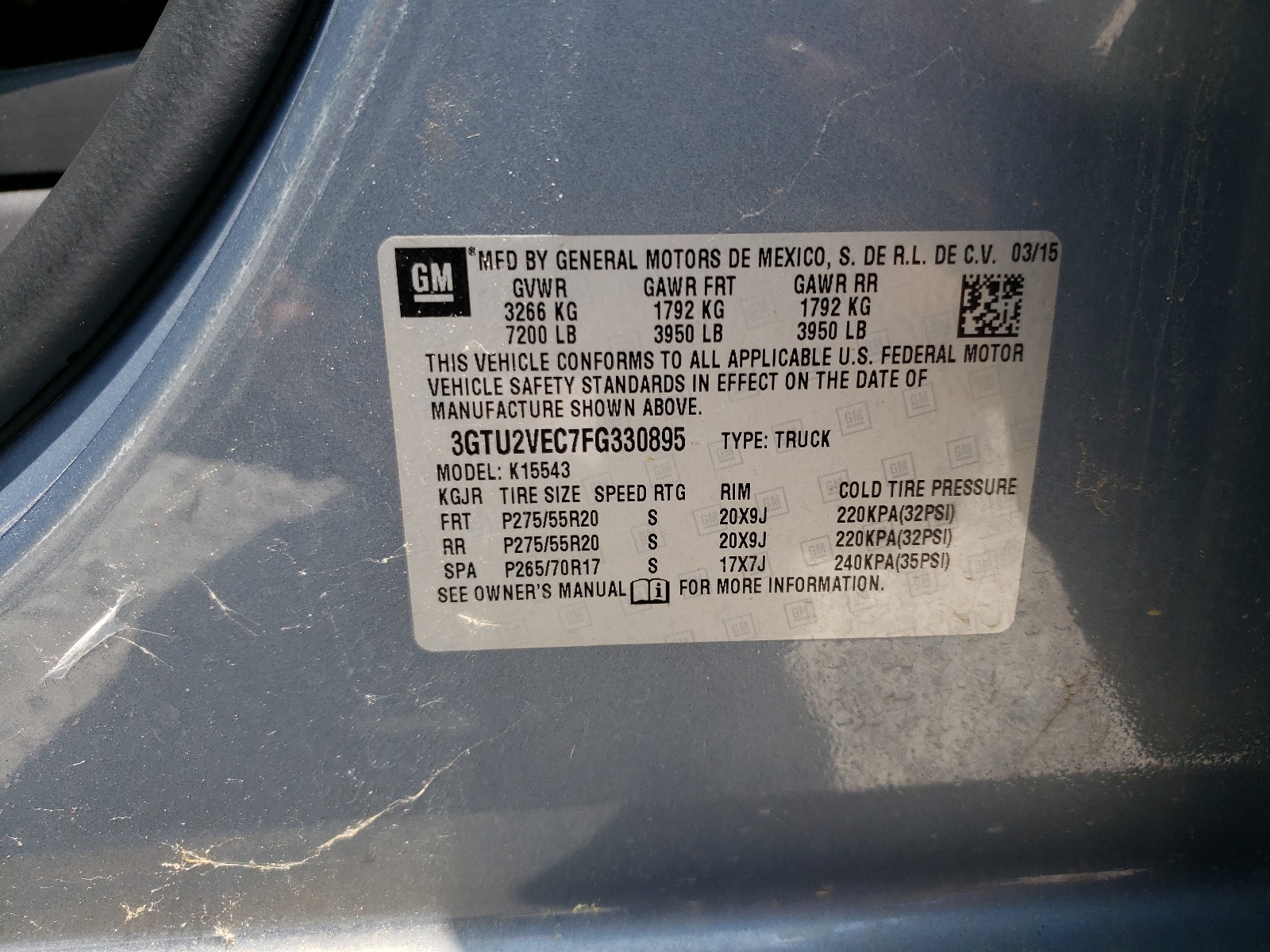 3GTU2VEC7FG330895 2015 GMC Sierra K1500 Slt