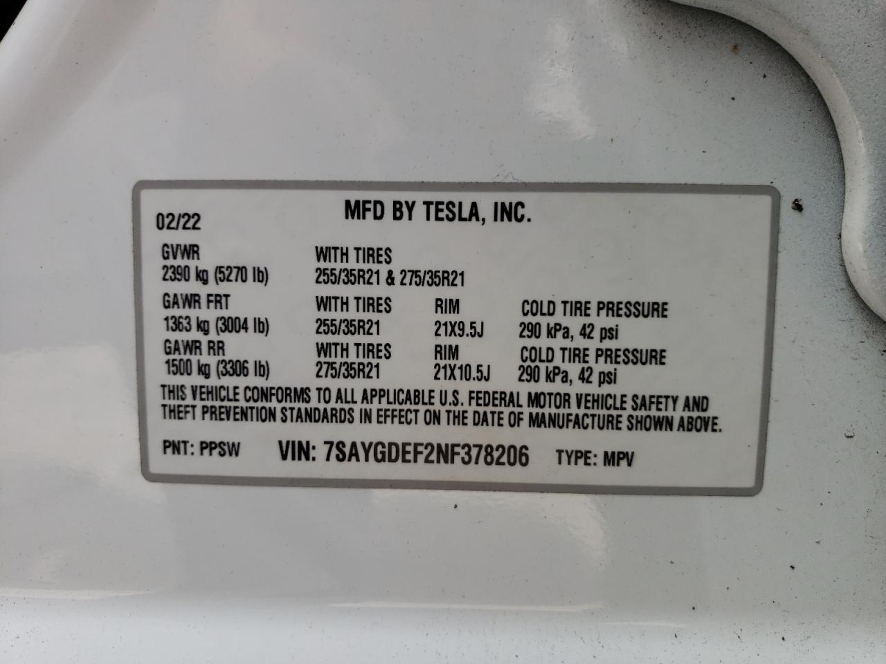 7SAYGDEF2NF378206 2022 Tesla Model Y