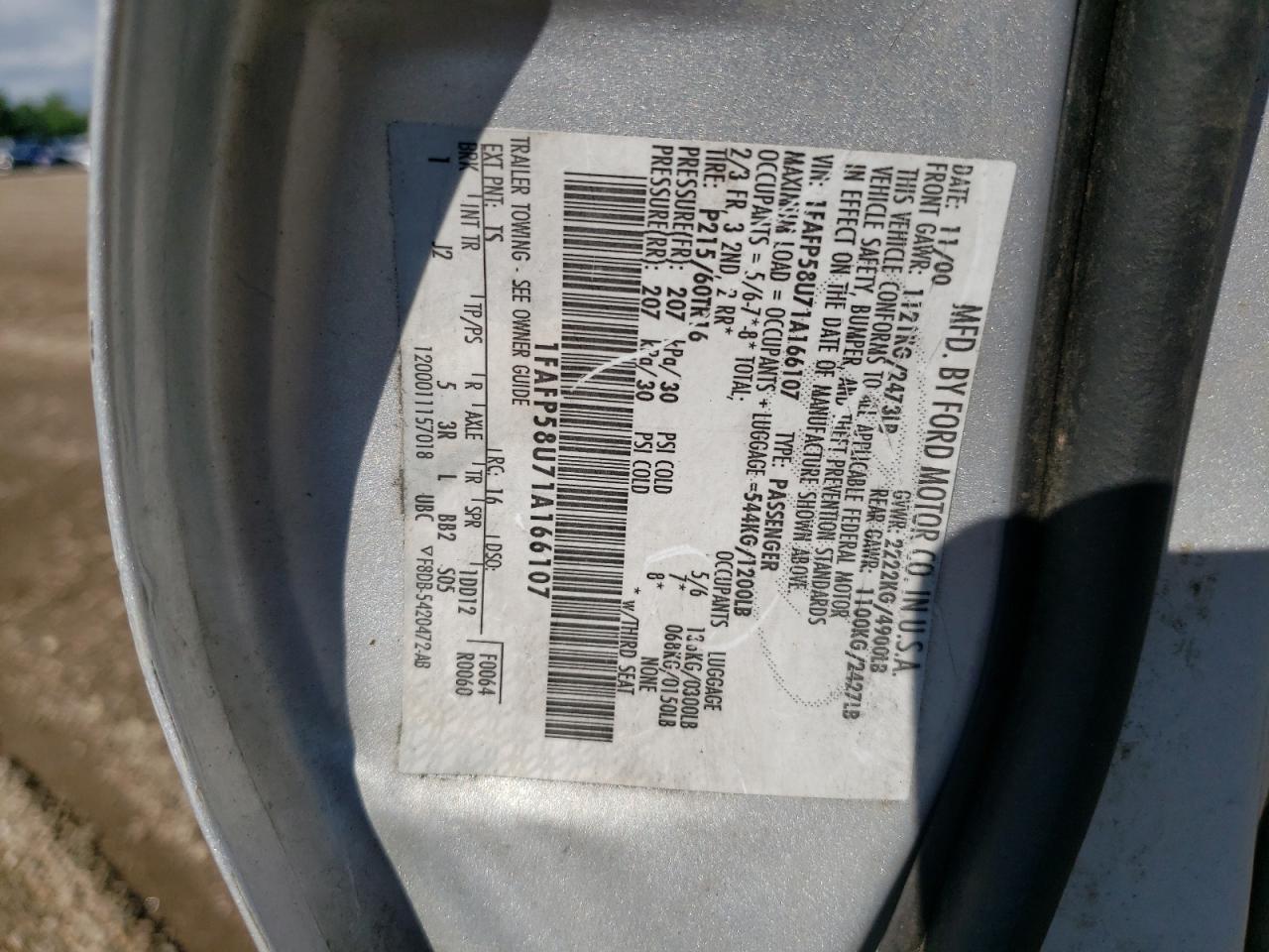 2001 Ford Taurus Se VIN: 1FAFP58U71A166107 Lot: 61600294