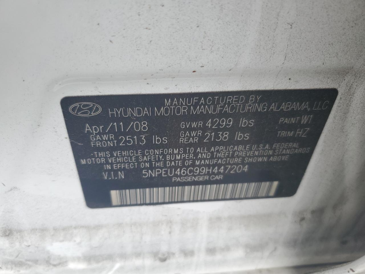 5NPEU46C99H447204 2009 Hyundai Sonata Se