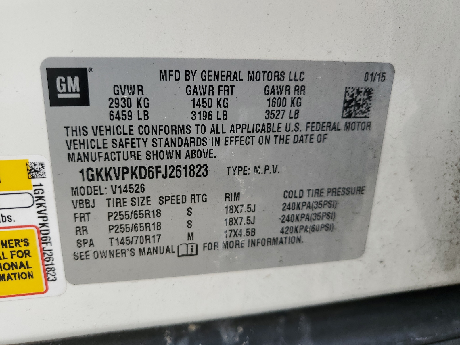 1GKKVPKD6FJ261823 2015 GMC Acadia Sle