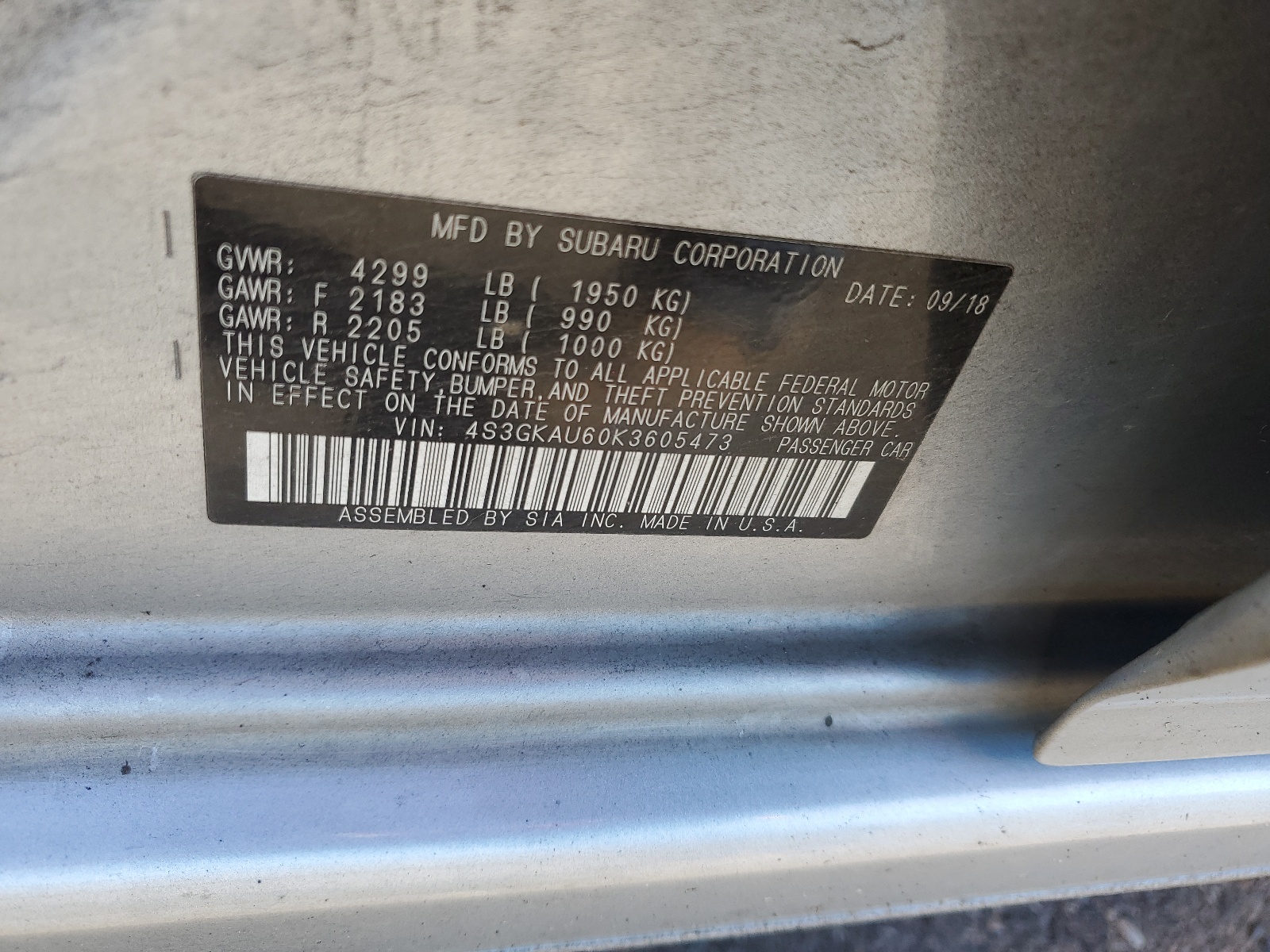 4S3GKAU60K3605473 2019 Subaru Impreza Limited