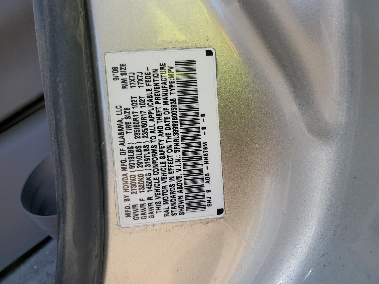 5FNRL38989B005836 2009 Honda Odyssey Touring