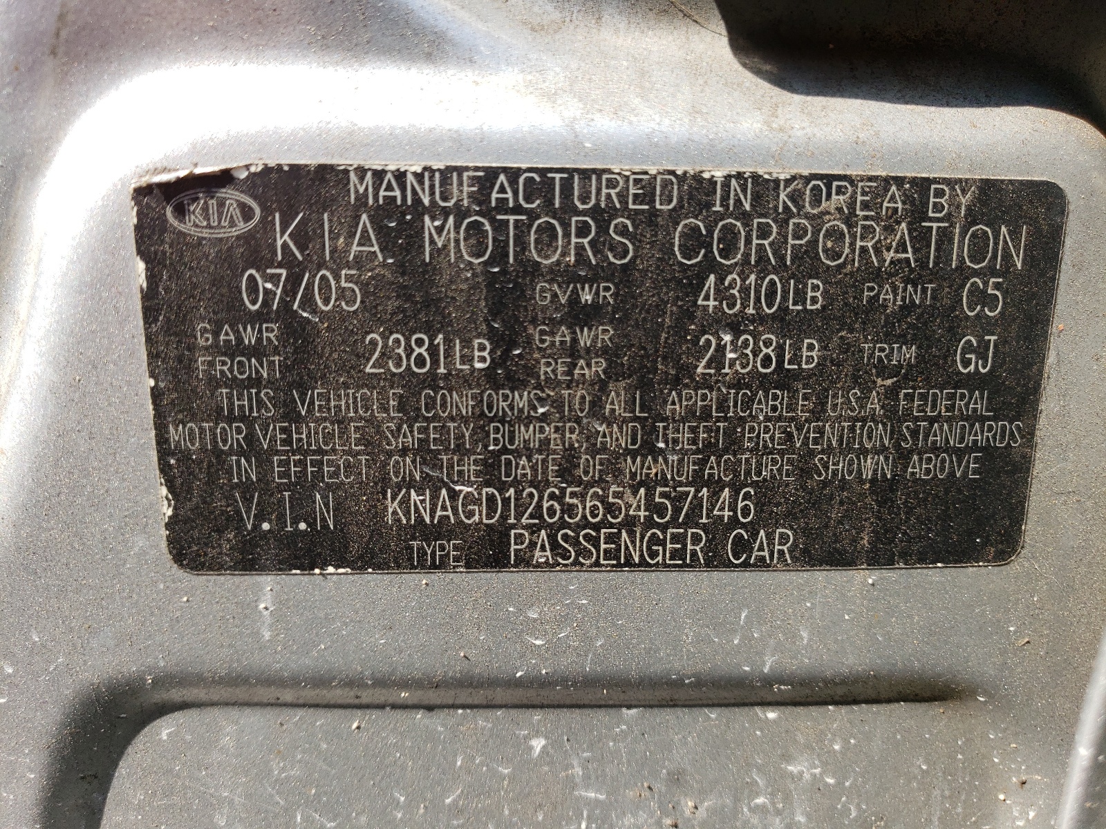 KNAGD126565457146 2006 Kia Optima Lx