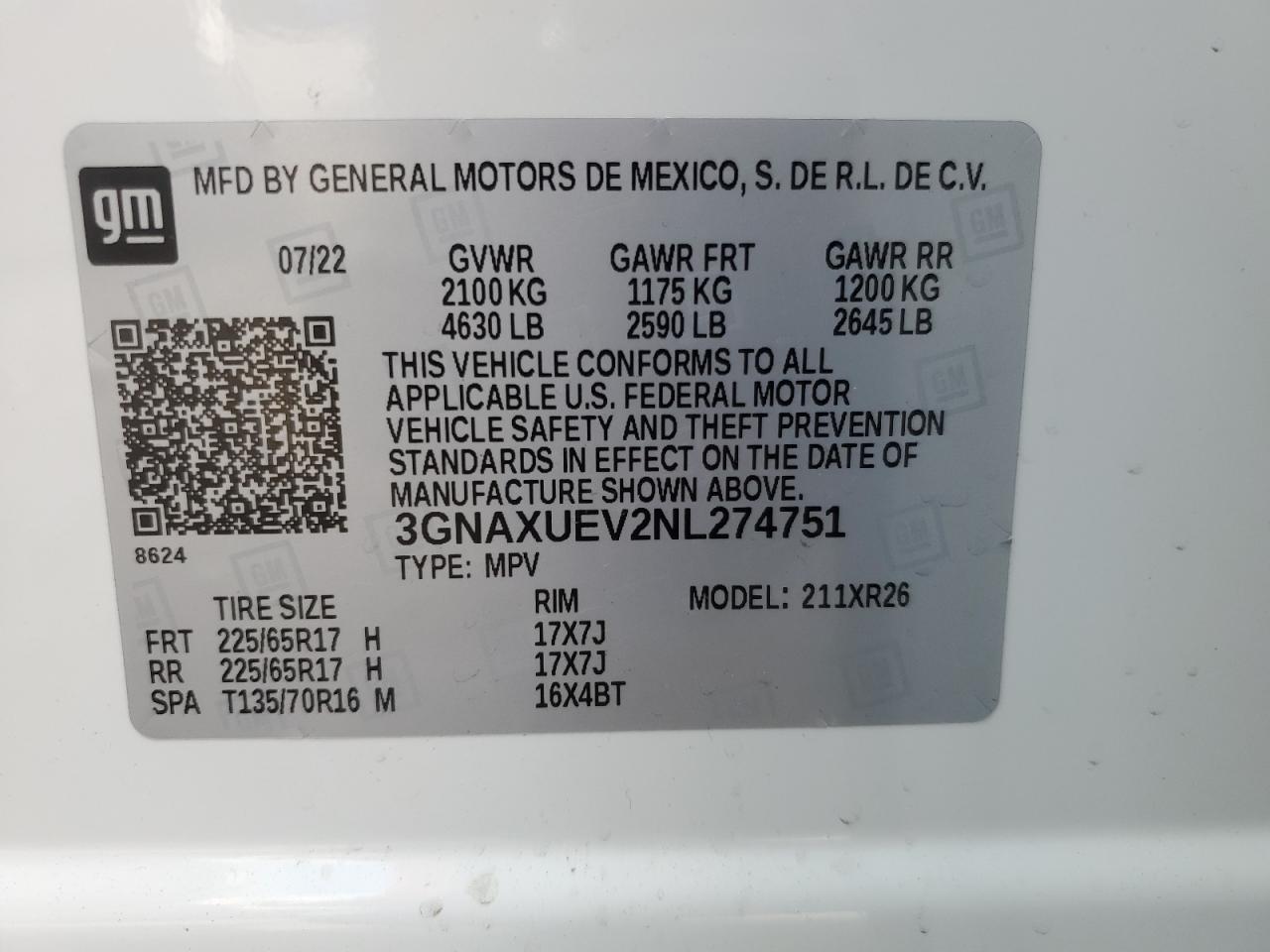 2022 Chevrolet Equinox Lt VIN: 3GNAXUEV2NL274751 Lot: 64692224