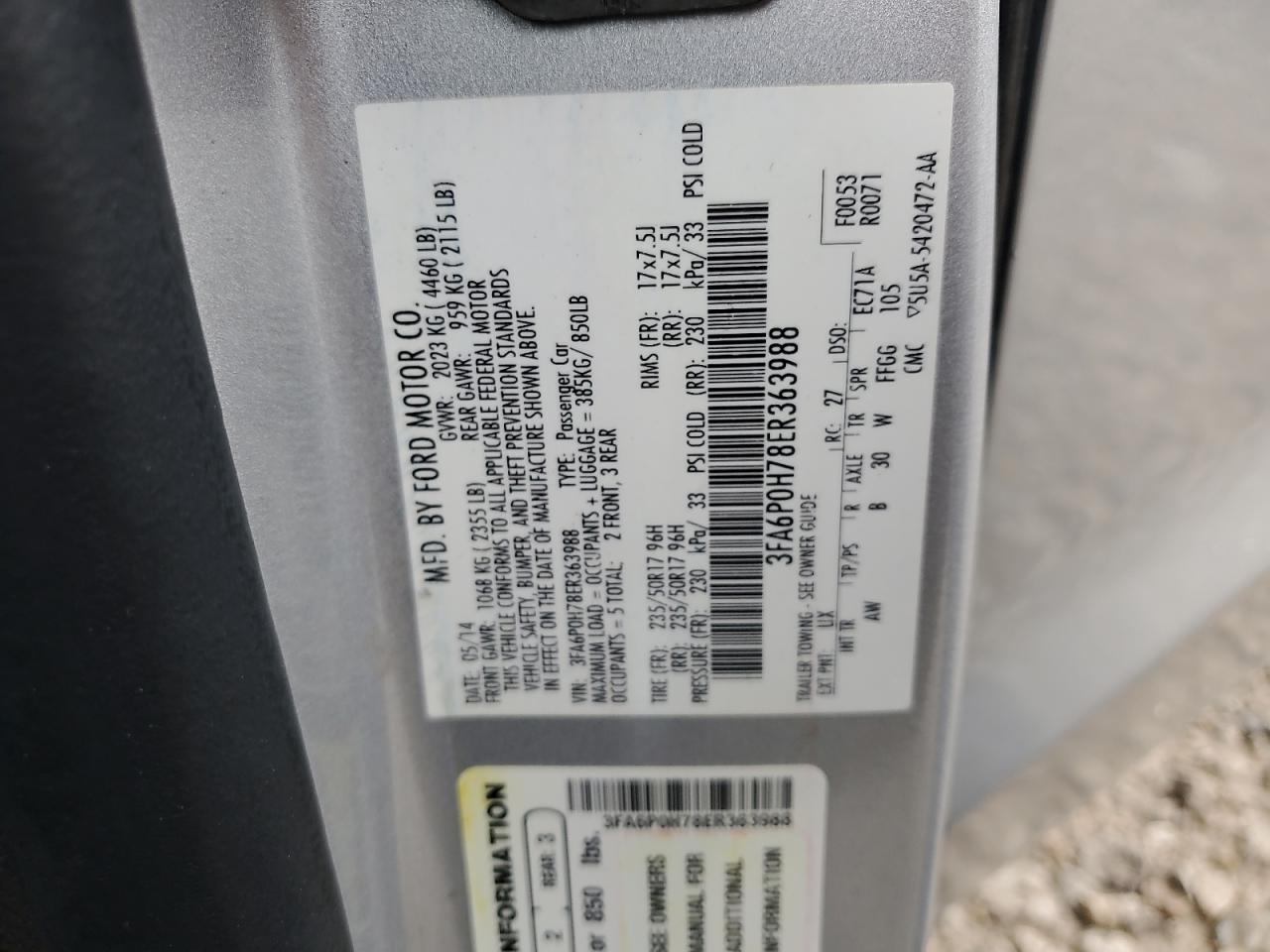 2014 Ford Fusion Se VIN: 3FA6P0H78ER363988 Lot: 61758034