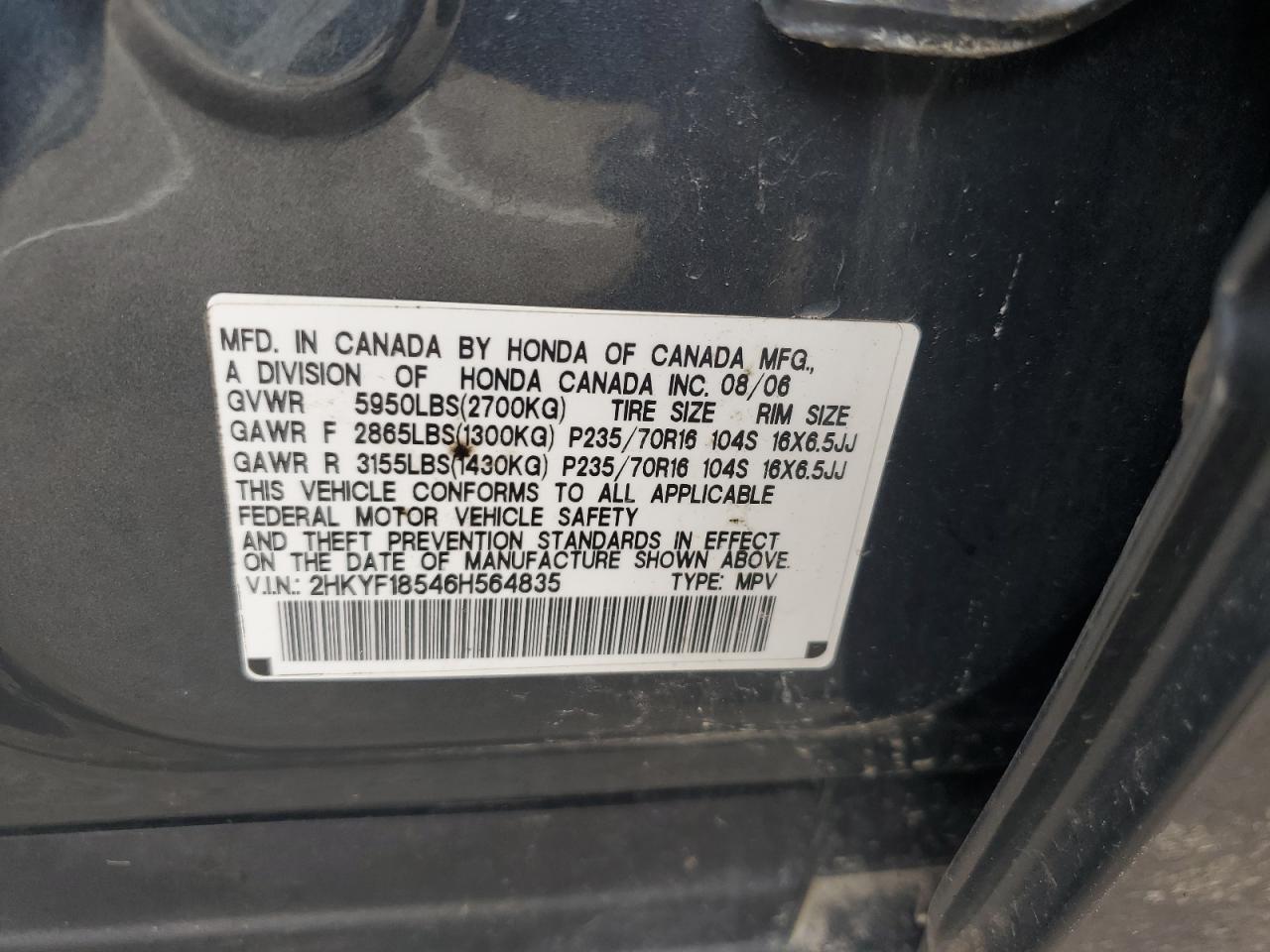 2006 Honda Pilot Ex VIN: 2HKYF18546H564835 Lot: 63487294