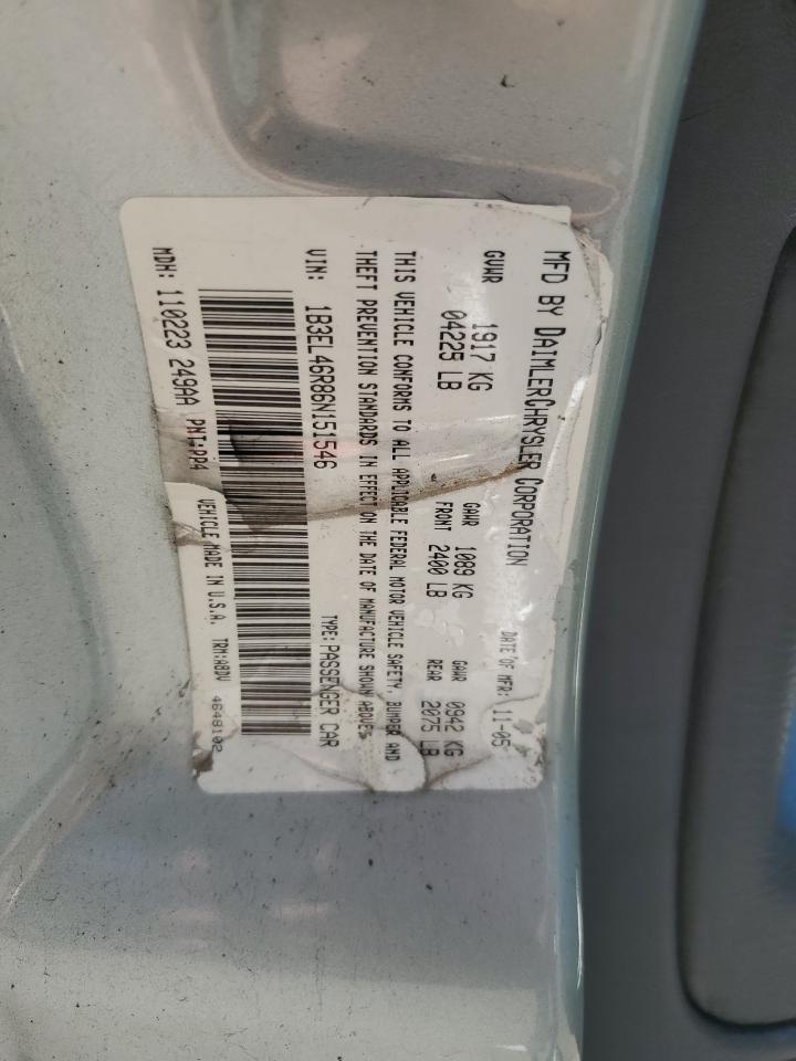 2006 Dodge Stratus Sxt VIN: 1B3EL46R86N151546 Lot: 61950074