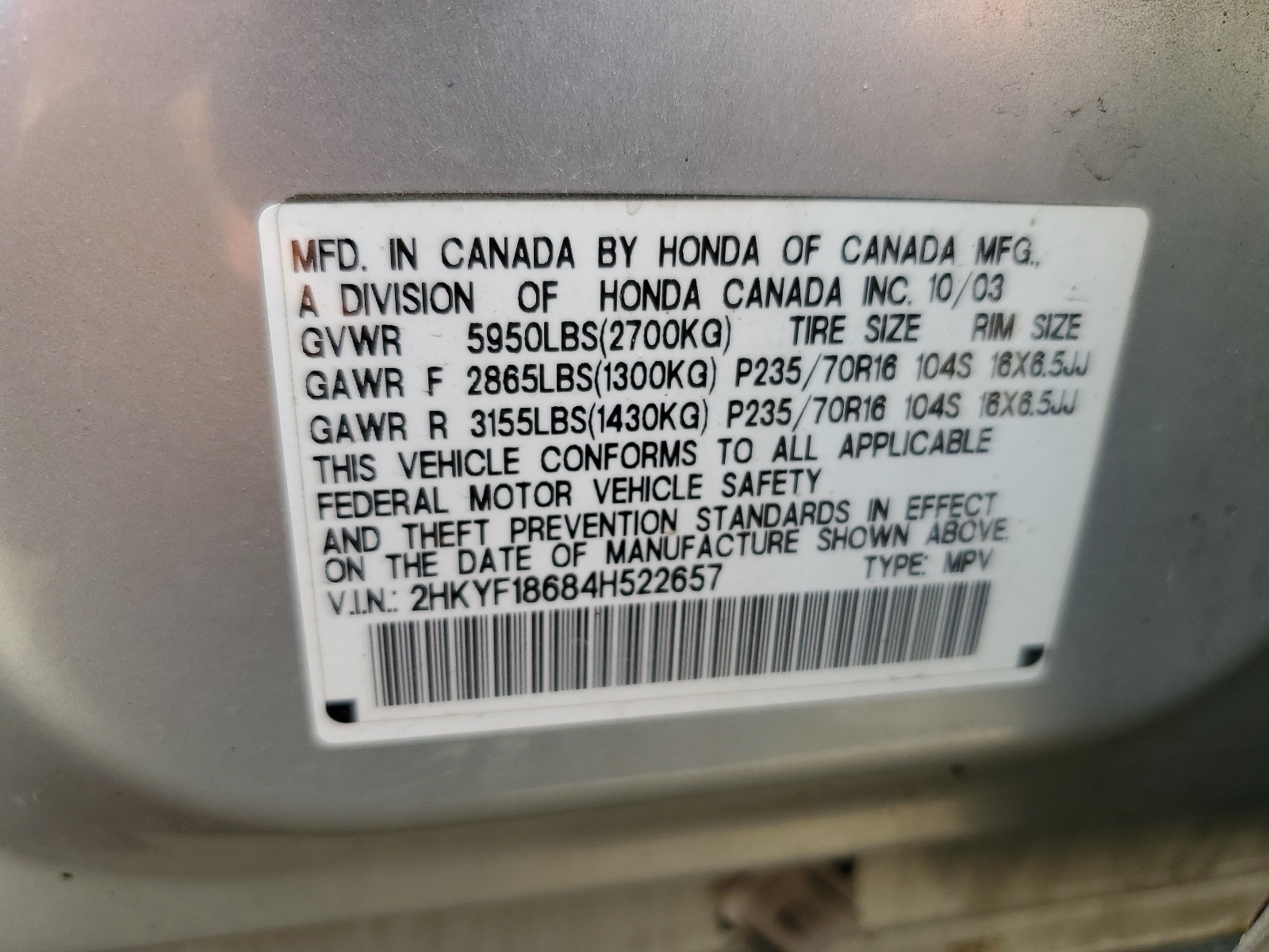2HKYF18684H522657 2004 Honda Pilot Exl