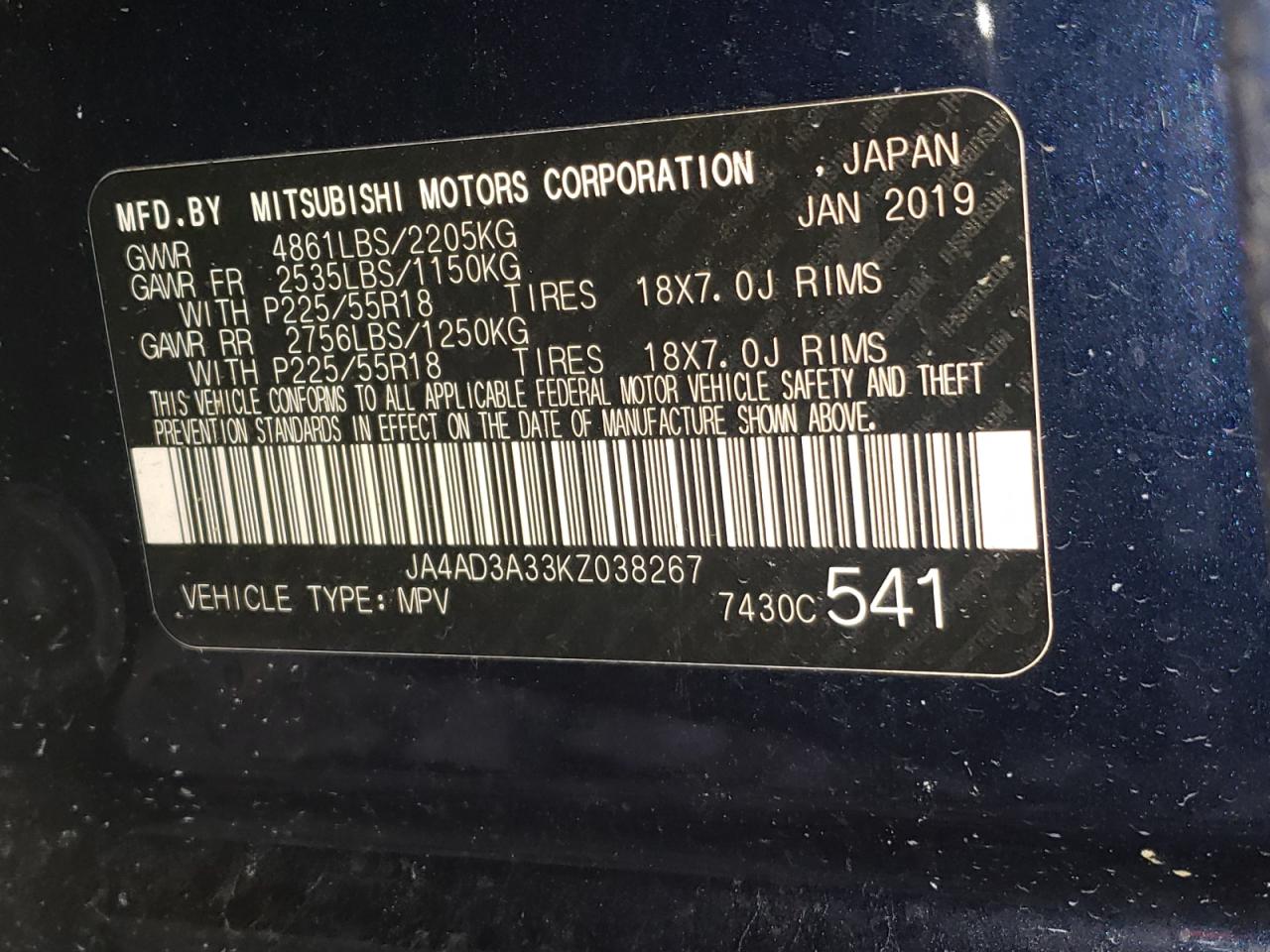 2019 Mitsubishi Outlander Se VIN: JA4AD3A33KZ038267 Lot: 62739554