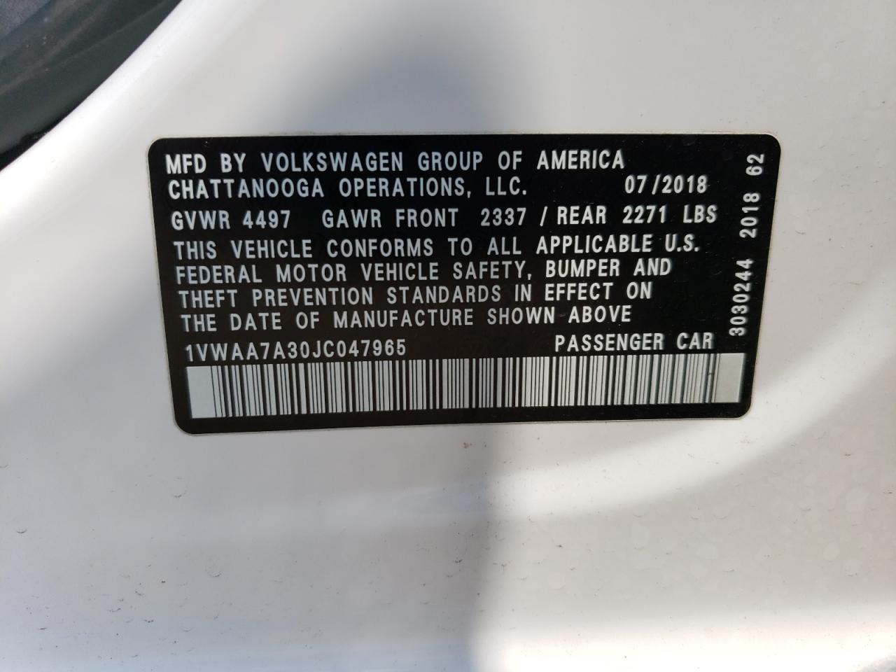 2018 Volkswagen Passat S VIN: 1VWAA7A30JC047965 Lot: 63758774