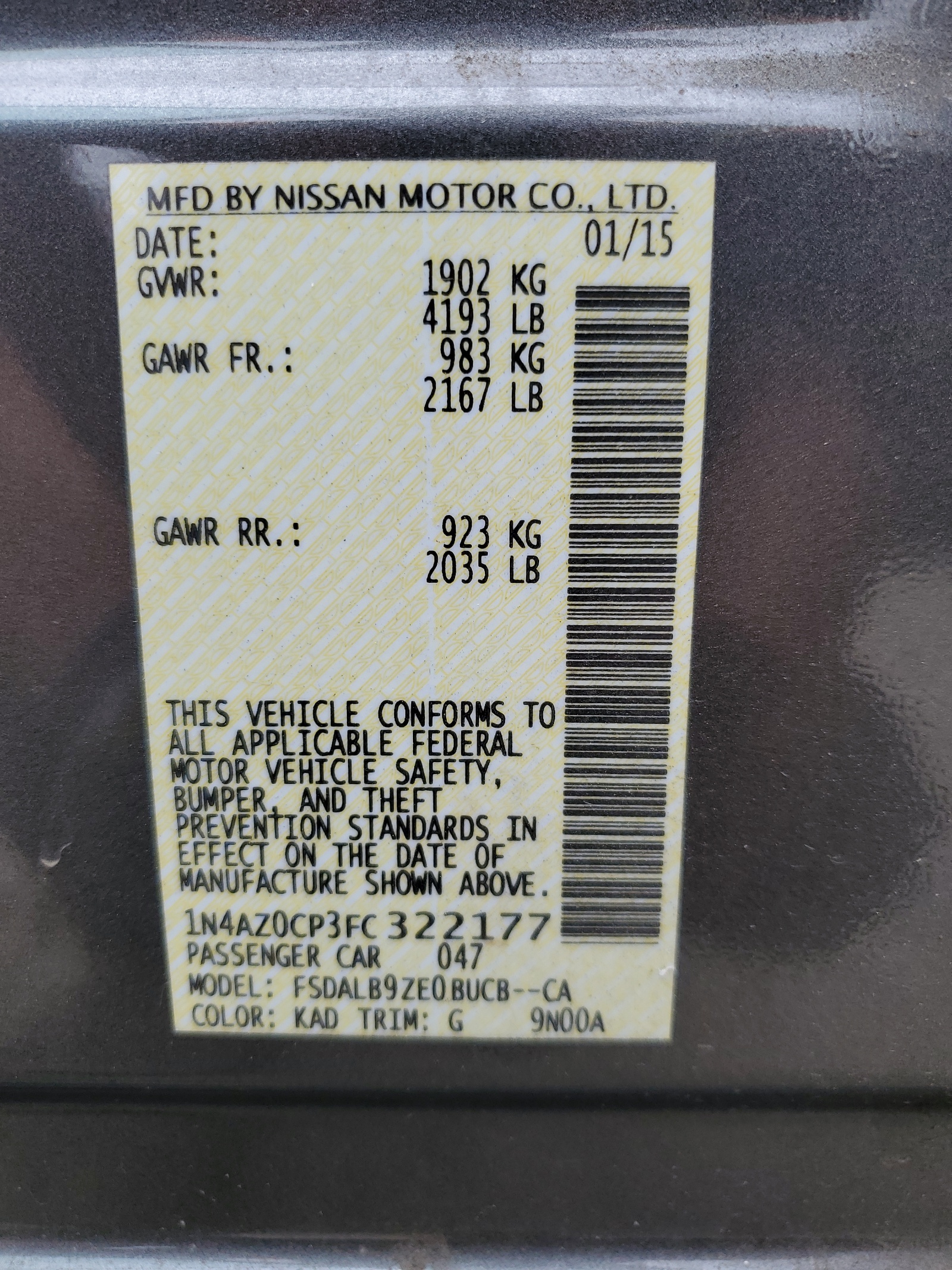 1N4AZ0CP3FC322177 2015 Nissan Leaf S