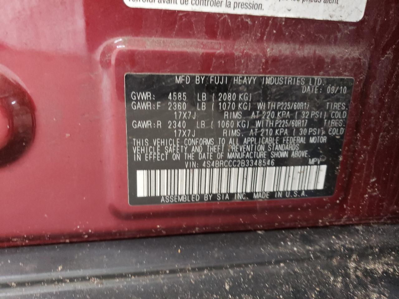 2011 Subaru Outback 2.5I Premium VIN: 4S4BRCCC2B3348546 Lot: 63335484