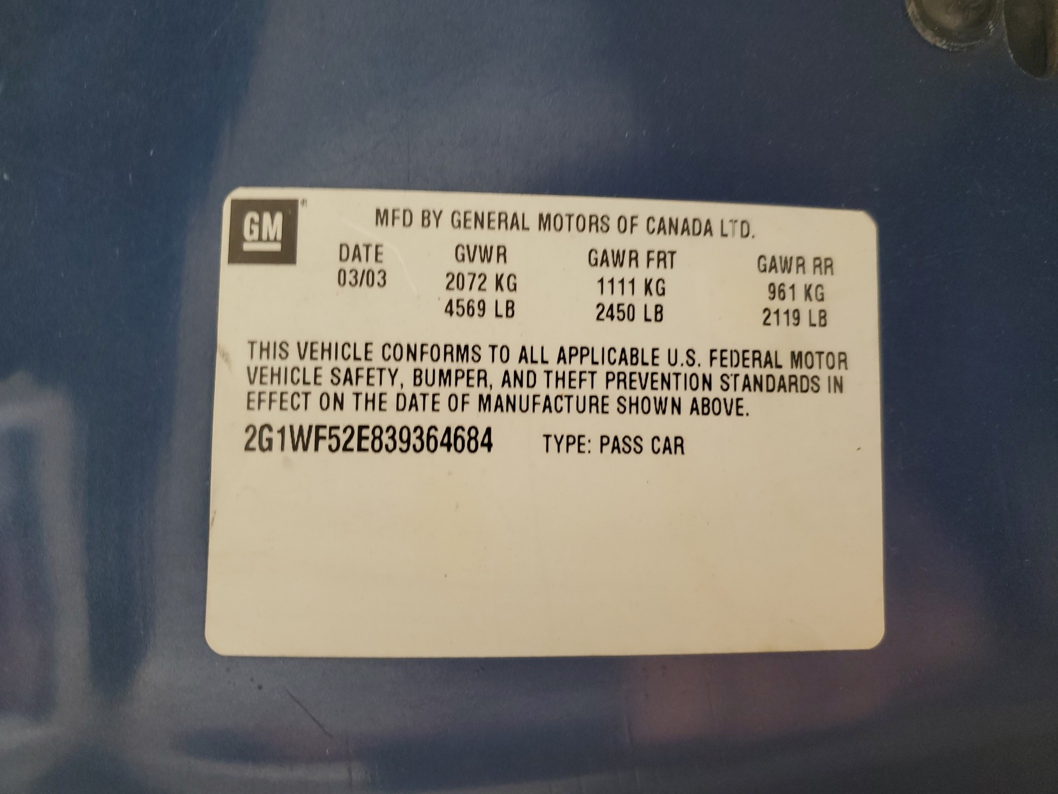 2G1WF52E839364684 2003 Chevrolet Impala