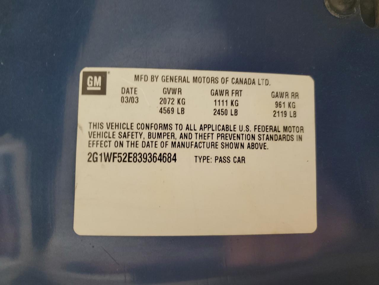 2003 Chevrolet Impala VIN: 2G1WF52E839364684 Lot: 63258134