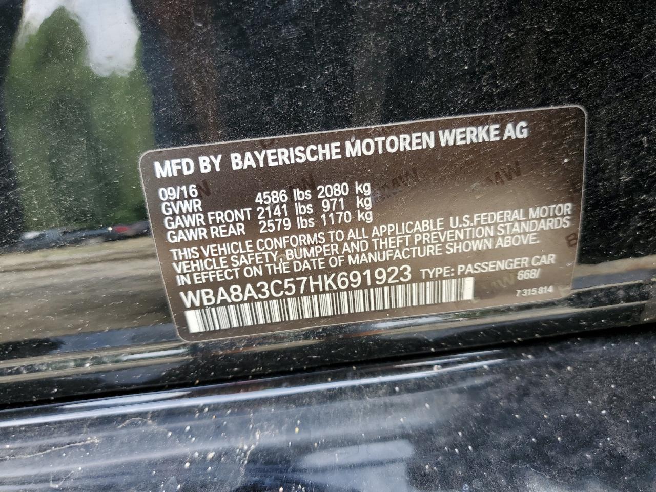 2017 BMW 320 Xi VIN: WBA8A3C57HK691923 Lot: 62942384