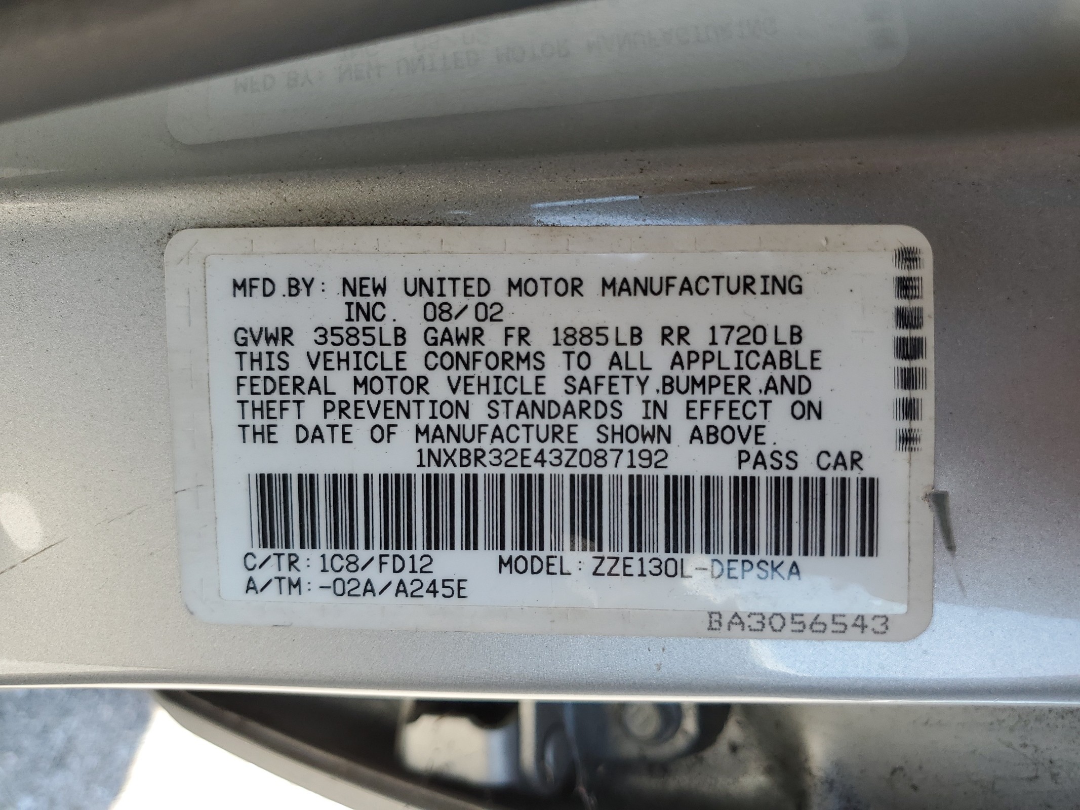 1NXBR32E43Z087192 2003 Toyota Corolla Ce