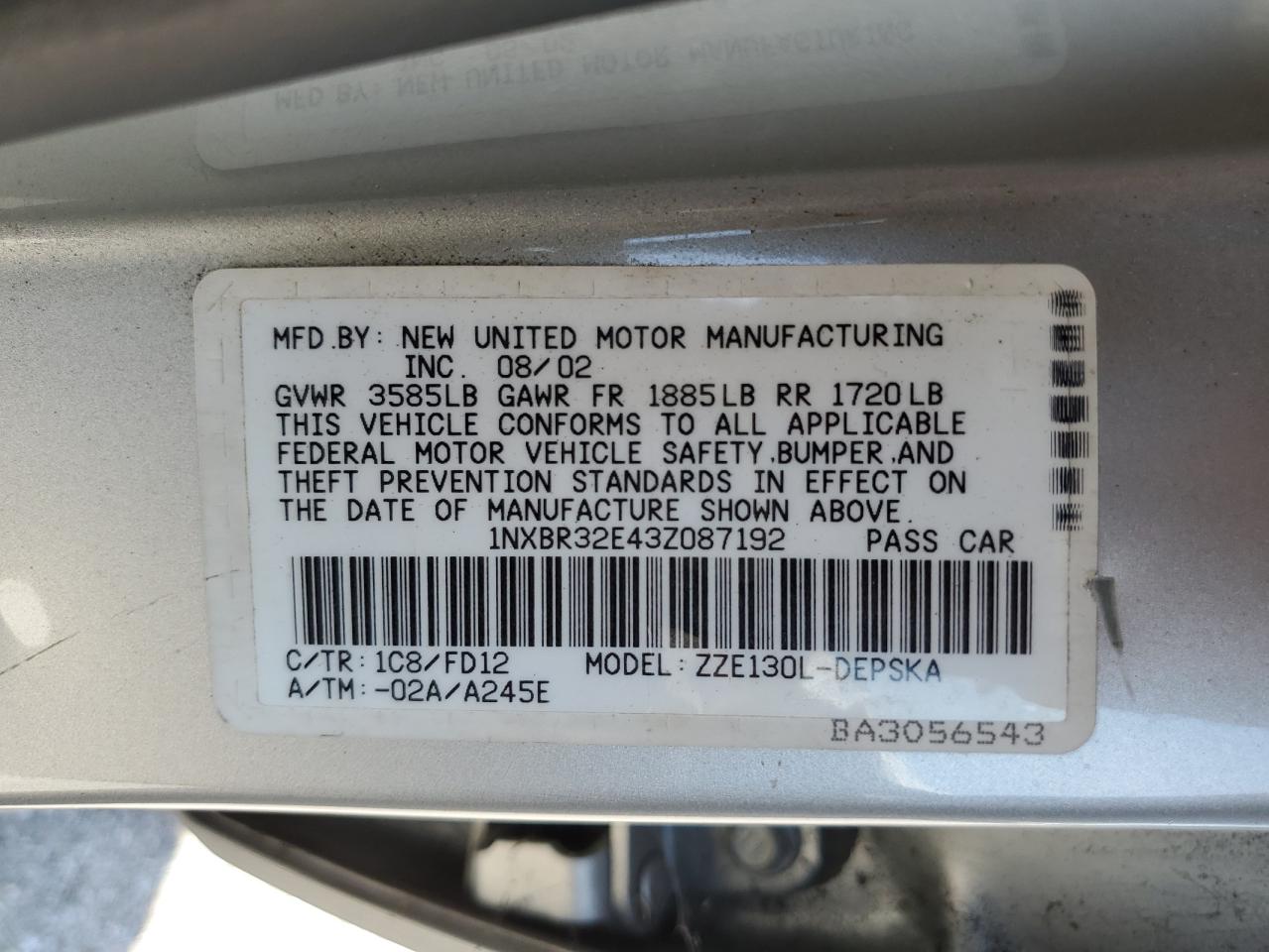 2003 Toyota Corolla Ce VIN: 1NXBR32E43Z087192 Lot: 63629844