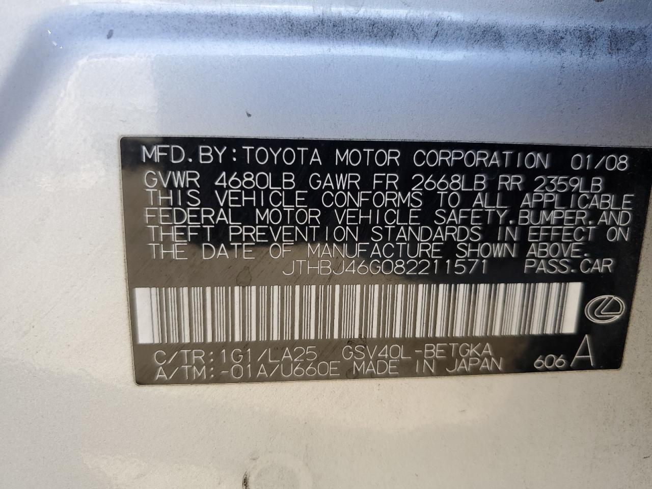 2008 Lexus Es 350 VIN: JTHBJ46G082211571 Lot: 64111544