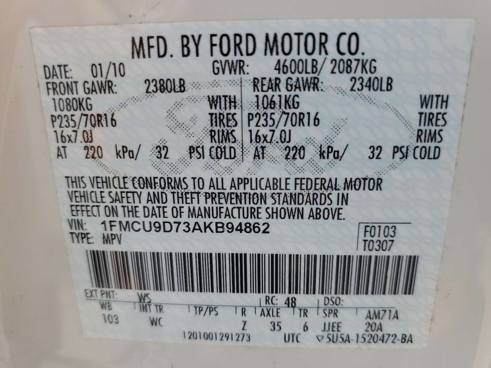 1FMCU9D73AKB94862 2010 Ford Escape Xlt