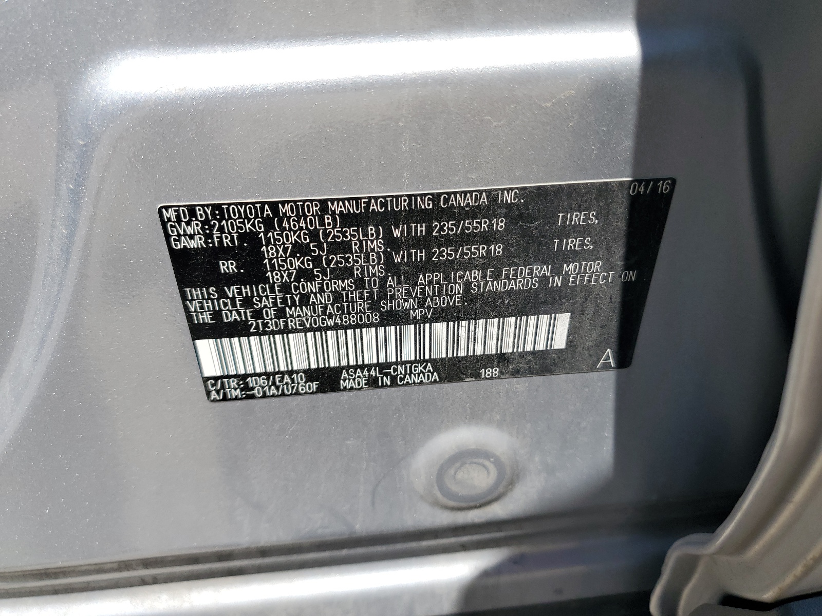 2T3DFREV0GW488008 2016 Toyota Rav4 Limited