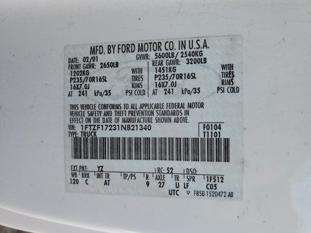 2001 Ford F150 VIN: 1FTZF17231NB21340 Lot: 62270104